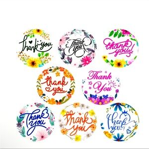 Roll of 500 Thank You Round Floral Stickers Bright Colors